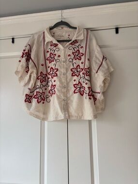 Free People Cream Button-Up Blouse with Red Floral Embroidery